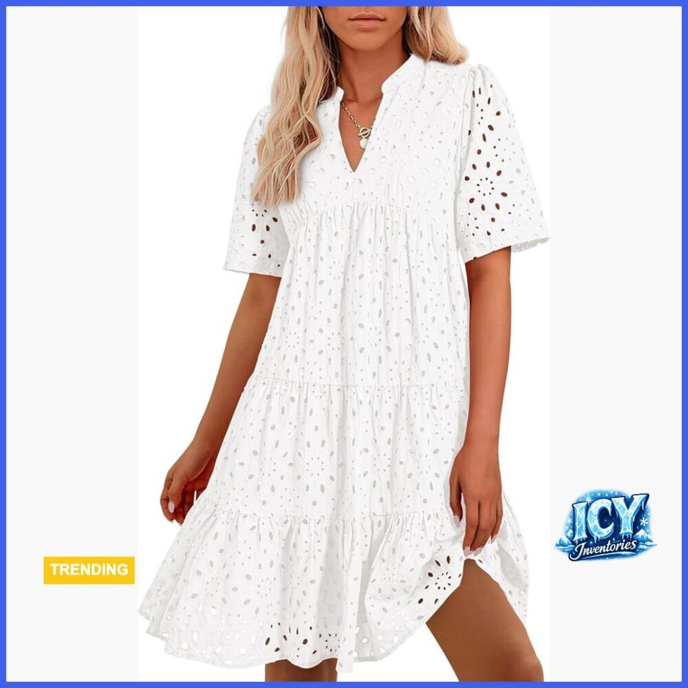 Cotton Hollow Out Lace Mini Dress V Neck Short Sleeve Boho Summer